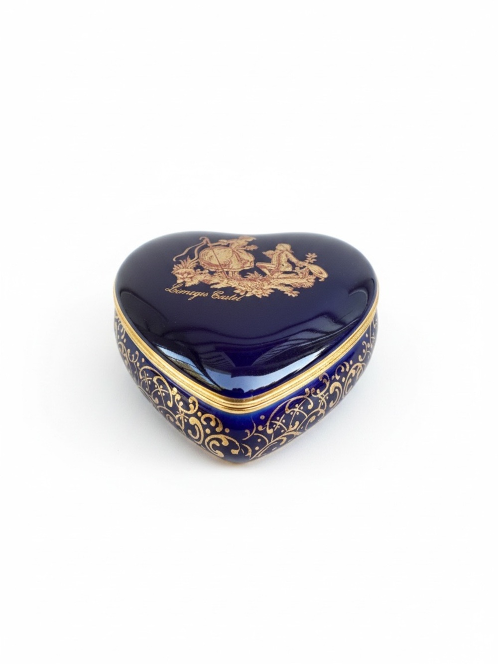 Limoges Cobalt Blue Heart Shaped Trinket Box with 22k Gold Motif